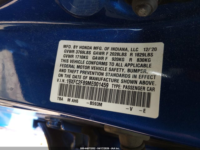 44873202 :رقم المزاد ، 19XFC2F89ME001459 vin ، 2021 Honda Civic Sport مزاد بيع
