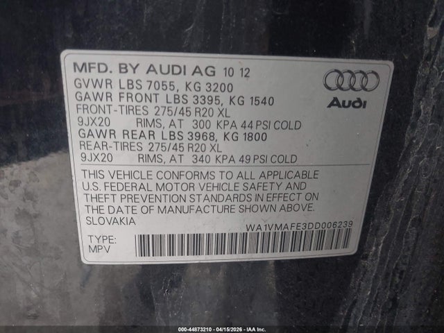 Aukcja sprzedaży 2013 Audi Q7 3.0 Tdi Premium, vin: WA1VMAFE3DD006239, numer aukcji: 44873210