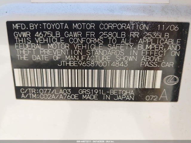 44873211 :رقم المزاد ، JTHBE96S870014843 vin ، 2007 Lexus Gs 350 مزاد بيع