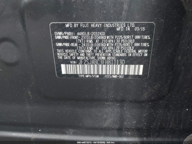 2015 Subaru Forester 2.5i მანქანა იყიდება აუქციონზე, vin: JF2SJABC3FH811130, აუქციონის ნომერი: 44873212