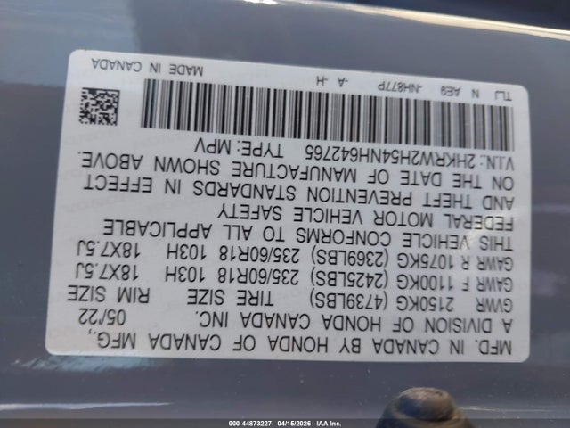 Продажа на аукционе авто 2022 Honda Cr-v Awd Ex, vin: 2HKRW2H54NH642765, номер лота: 44873227