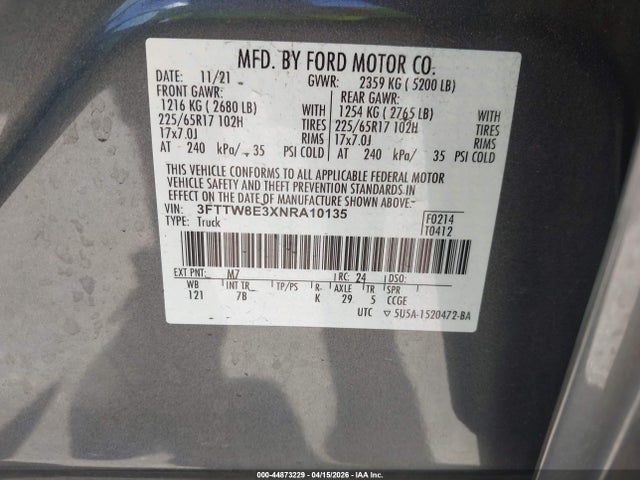 Продажа на аукционе авто 2022 Ford Maverick Xlt, vin: 3FTTW8E3XNRA10135, номер лота: 44873229