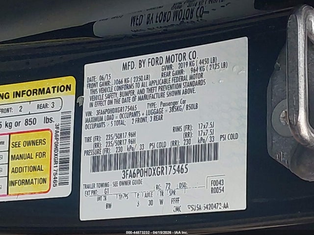 44873232 :رقم المزاد ، 3FA6P0HDXGR175465 vin ، 2016 Ford Fusion Se مزاد بيع