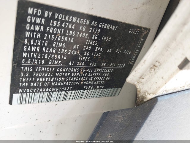 Aukcja sprzedaży 2012 Volkswagen Tiguan S, vin: WVGCV7AX6CW510627, numer aukcji: 44873234