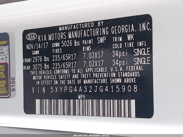 44873238 :رقم المزاد ، 5XYPG4A32JG415908 vin ، 2018 Kia Sorento 2.4l Lx مزاد بيع