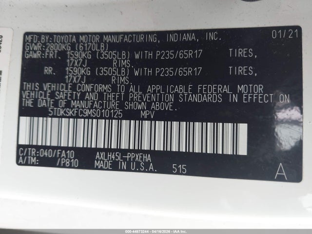 5TDKSKFC9MS010125 Toyota SIENNA LE