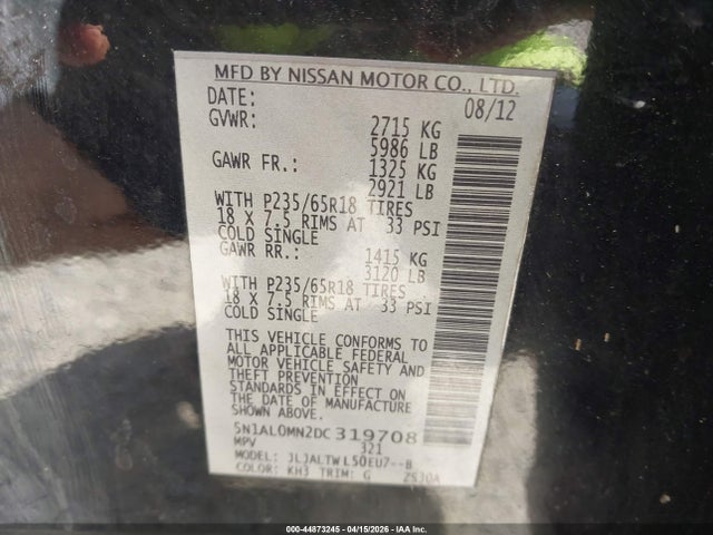 44873245 :رقم المزاد ، 5N1AL0MN2DC319708 vin ، 2013 Infiniti Jx35 مزاد بيع