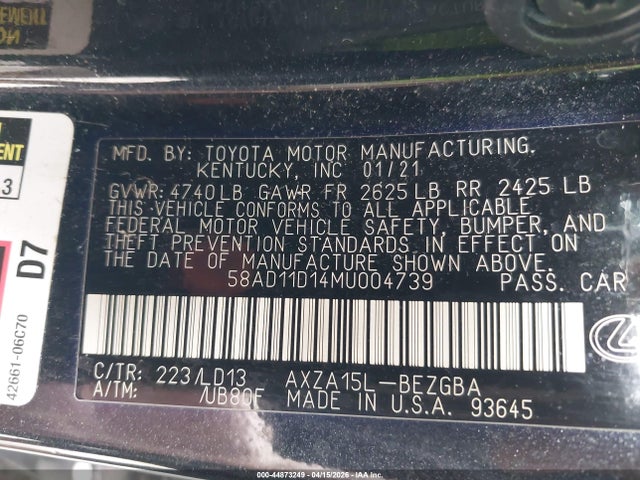 44873249 :رقم المزاد ، 58AD11D14MU004739 vin ، 2021 Lexus Es 250 مزاد بيع