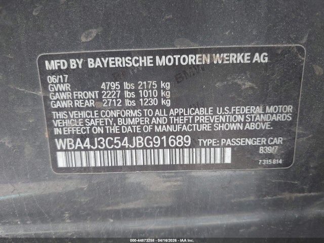 2018 Bmw 430i Gran Coupe Xdrive მანქანა იყიდება აუქციონზე, vin: WBA4J3C54JBG91689, აუქციონის ნომერი: 44873258