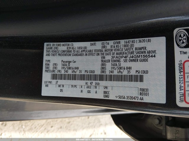 2016 Ford Fiesta Titanium მანქანა იყიდება აუქციონზე, vin: 3FADP4FJ4GM156544, აუქციონის ნომერი: 44873271