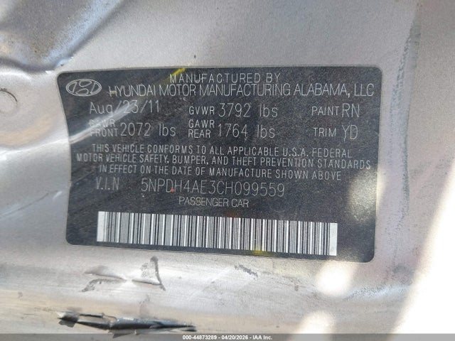 Продажа на аукционе авто 2012 Hyundai Elantra Gls, vin: 5NPDH4AE3CH099559, номер лота: 44873289
