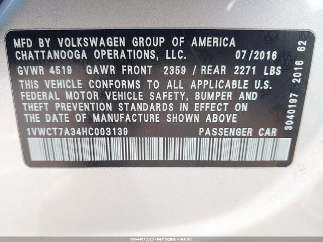 2017 Volkswagen Passat 1.8t Sel Premium მანქანა იყიდება აუქციონზე, vin: 1VWCT7A34HC003139, აუქციონის ნომერი: 44873323