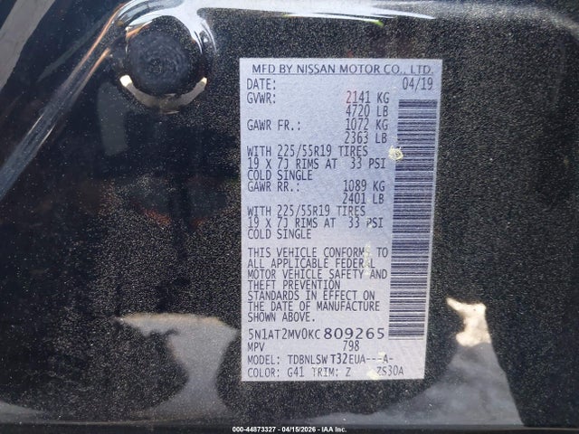Aukcja sprzedaży 2019 Nissan Rogue Sl, vin: 5N1AT2MV0KC809265, numer aukcji: 44873327