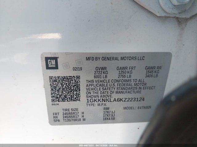 44873331 :رقم المزاد ، 1GKKNKLA6KZ223124 vin ، 2019 Gmc Acadia Sle-1 مزاد بيع
