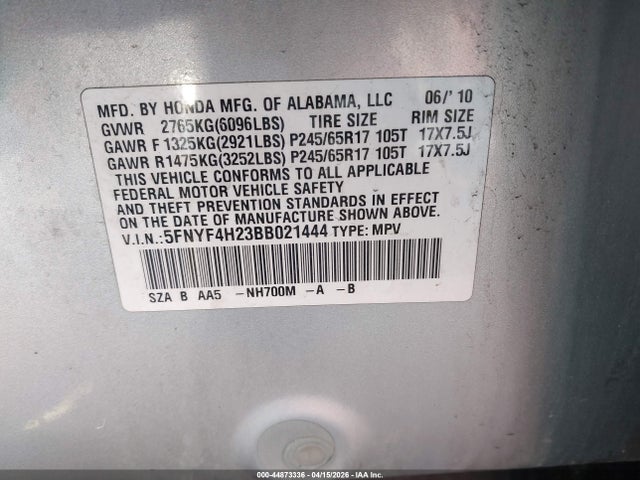 Aukcja sprzedaży 2011 Honda Pilot Lx, vin: 5FNYF4H23BB021444, numer aukcji: 44873336