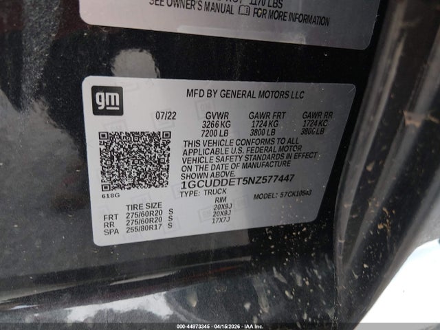 Продаж на аукціоні авто 2022 Chevrolet Silverado 1500 4wd  Standard Bed Lt, vin: 1GCUDDET5NZ577447, номер лоту: 44873345