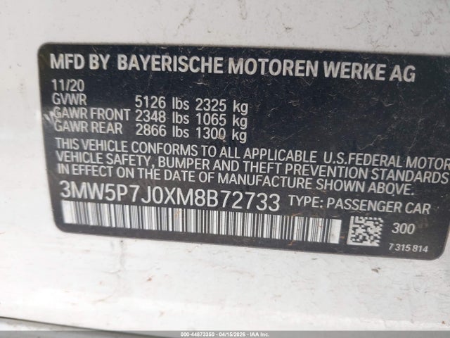 44873350 :رقم المزاد ، 3MW5P7J0XM8B72733 vin ، 2021 Bmw 330e مزاد بيع