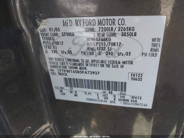 2005 Ford F-150 Fx4/lariat/xlt მანქანა იყიდება აუქციონზე, vin: 1FTPW14585FA73937, აუქციონის ნომერი: 44873360