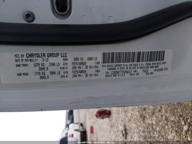 2012 Ram 1500 St მანქანა იყიდება აუქციონზე, vin: 1C6RD6KT7CS246212, აუქციონის ნომერი: 44873369