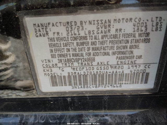 Продажа на аукционе авто 2023 Nissan Sentra Sv Xtronic Cvt, vin: 3N1AB8CV8PY249668, номер лота: 44873371
