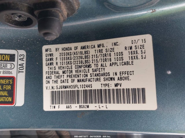 Aukcja sprzedaży 2015 Honda Cr-v Lx, vin: 5J6RM4H35FL102445, numer aukcji: 44873377