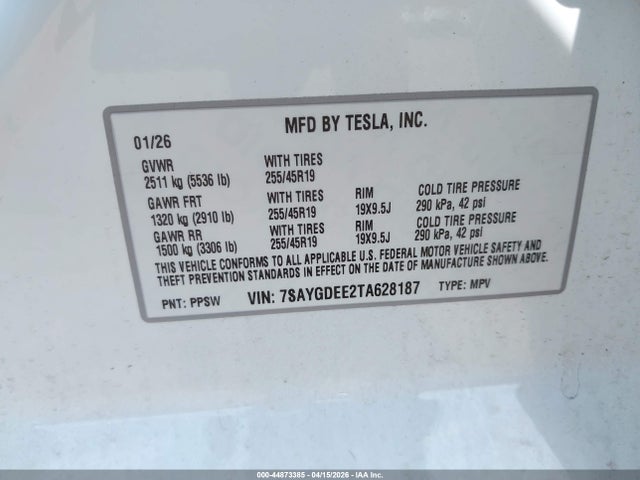 Продаж на аукціоні авто 2026 Tesla Model Y All-wheel Drive/long Range Launch Series/premium All-wheel Drive, vin: 7SAYGDEE2TA628187, номер лоту: 44873385