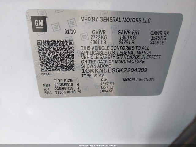 Продаж на аукціоні авто 2019 Gmc Acadia Slt-1, vin: 1GKKNULS5KZ204309, номер лоту: 44873389