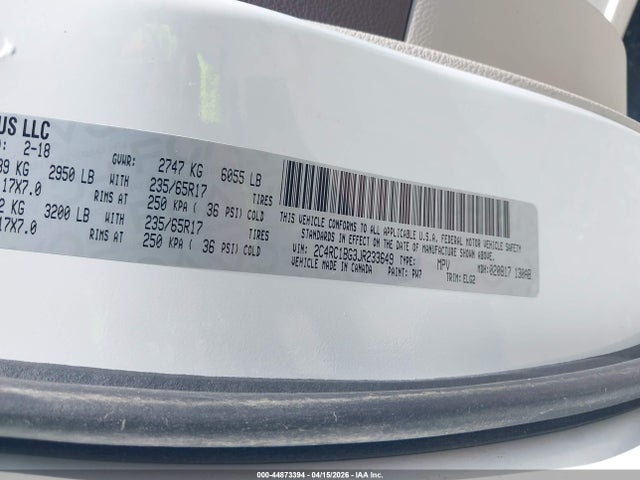 2018 Chrysler Pacifica Touring L მანქანა იყიდება აუქციონზე, vin: 2C4RC1BG3JR233649, აუქციონის ნომერი: 44873394