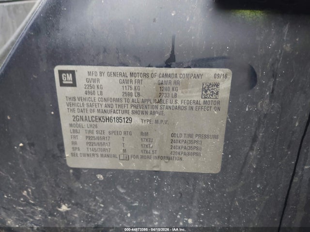 Aukcja sprzedaży 2017 Chevrolet Equinox Lt, vin: 2GNALCEK5H6185129, numer aukcji: 44873395