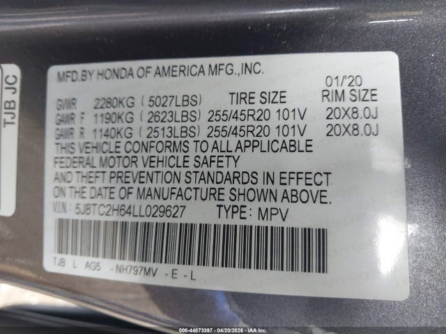 44873397 :رقم المزاد ، 5J8TC2H64LL029627 vin ، 2020 Acura Rdx A-spec Package مزاد بيع