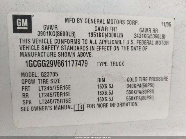 Aukcja sprzedaży 2006 Chevrolet Express Work Van, vin: 1GCGG29V661177479, numer aukcji: 44873420