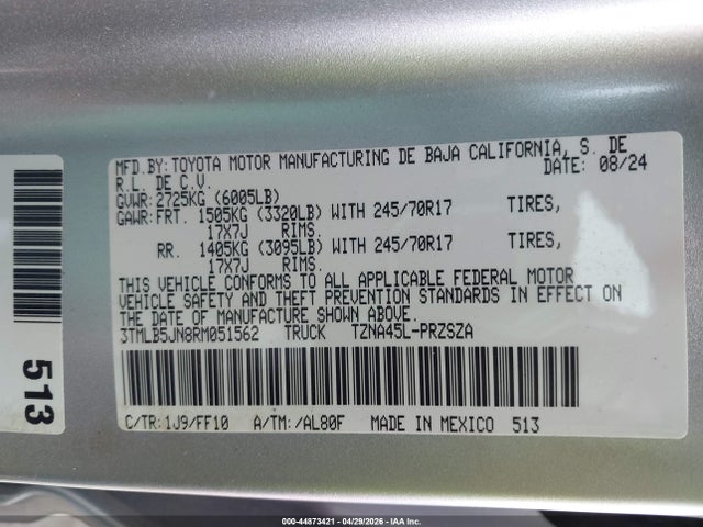 2024 Toyota Tacoma Sr5 მანქანა იყიდება აუქციონზე, vin: 3TMLB5JN8RM051562, აუქციონის ნომერი: 44873421