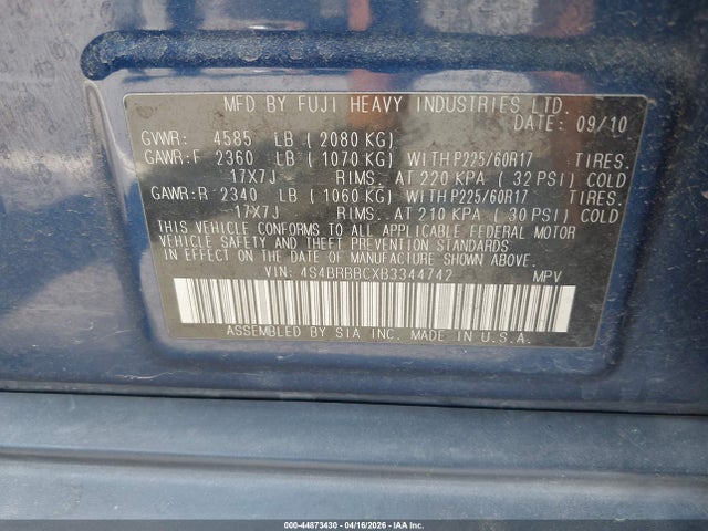 2011 Subaru Outback 2.5i Premium მანქანა იყიდება აუქციონზე, vin: 4S4BRBBCXB3344742, აუქციონის ნომერი: 44873430