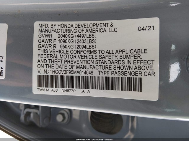 Продаж на аукціоні авто 2021 Honda Accord Hybrid Touring, vin: 1HGCV3F95MA014046, номер лоту: 44873431