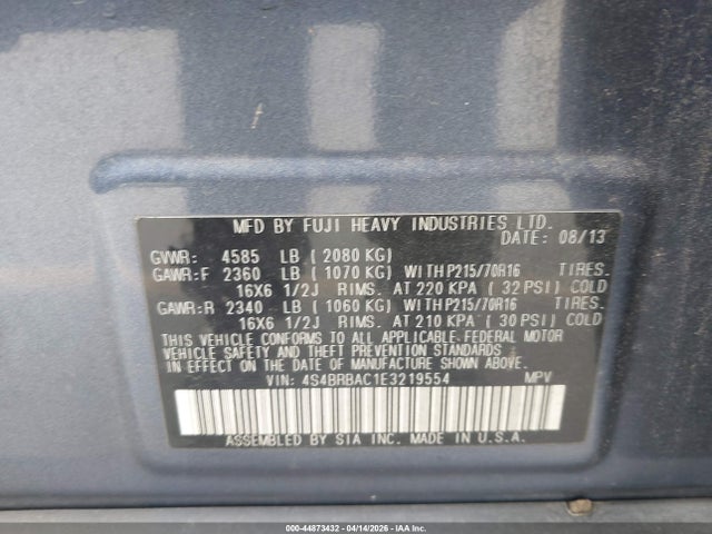 Aukcja sprzedaży 2014 Subaru Outback 2.5i, vin: 4S4BRBAC1E3219554, numer aukcji: 44873432