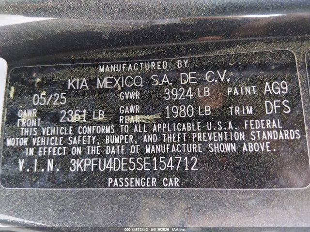 44873442 :رقم المزاد ، 3KPFU4DE5SE154712 vin ، 2025 Kia K4 Ex مزاد بيع
