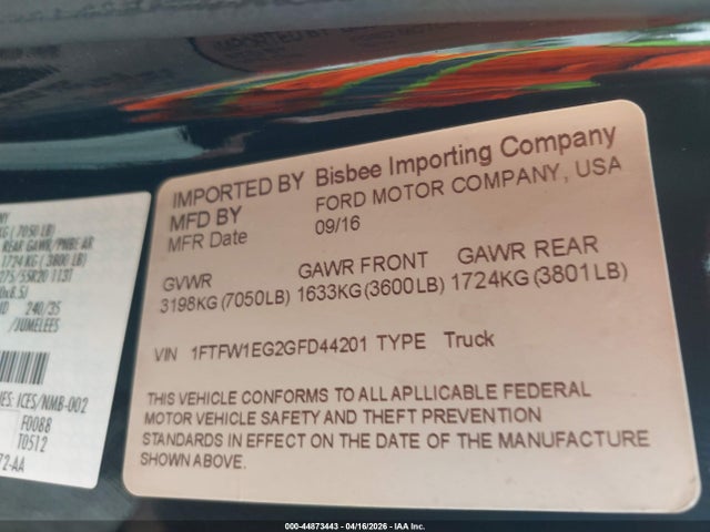 Продажа на аукционе авто 2016 Ford F-150 Lariat, vin: 1FTFW1EG2GFD44201, номер лота: 44873443