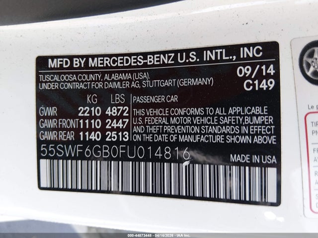 Продажа на аукционе авто 2015 Mercedes-benz C 400 4matic, vin: 55SWF6GB0FU014816, номер лота: 44873448