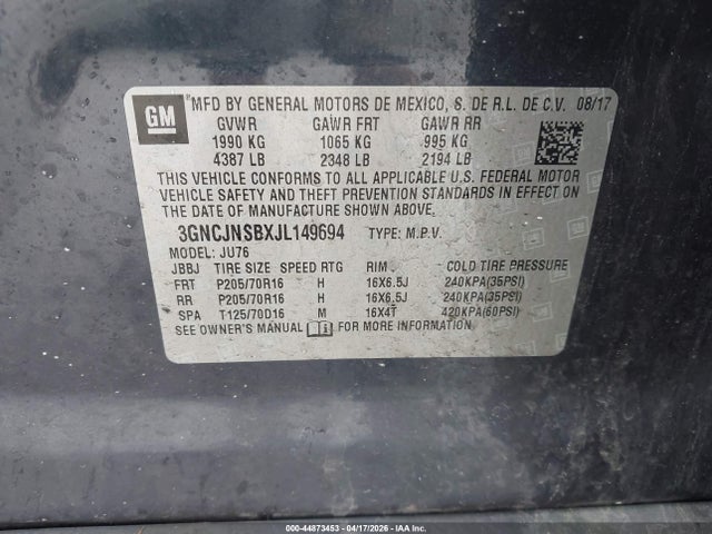 Продажа на аукционе авто 2018 Chevrolet Trax Ls, vin: 3GNCJNSBXJL149694, номер лота: 44873453