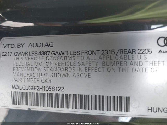 Продаж на аукціоні авто 2017 Audi A3 2.0t Premium, vin: WAUGUGFF2H1058122, номер лоту: 44873468