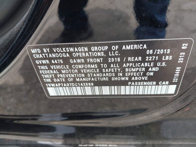 44873469 :رقم المزاد ، 1VWAP7A37DC142588 vin ، 2013 Volkswagen Passat 2.5l Wolfsburg Edition مزاد بيع