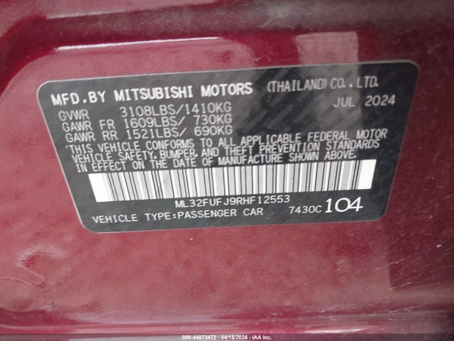 Продаж на аукціоні авто 2024 Mitsubishi Mirage G4, vin: ML32FUFJ9RHF12553, номер лоту: 44873472