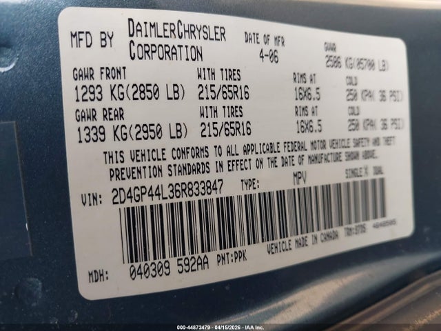 Aukcja sprzedaży 2006 Dodge Grand Caravan Sxt, vin: 2D4GP44L36R833847, numer aukcji: 44873479