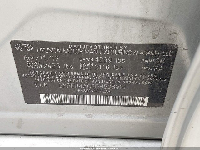 Aukcja sprzedaży 2013 Hyundai Sonata Gls, vin: 5NPEB4AC9DH508914, numer aukcji: 44873490