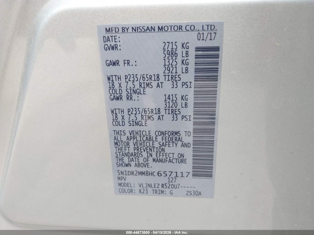 Aukcja sprzedaży 2017 Nissan Pathfinder Sv, vin: 5N1DR2MM8HC657117, numer aukcji: 44873500