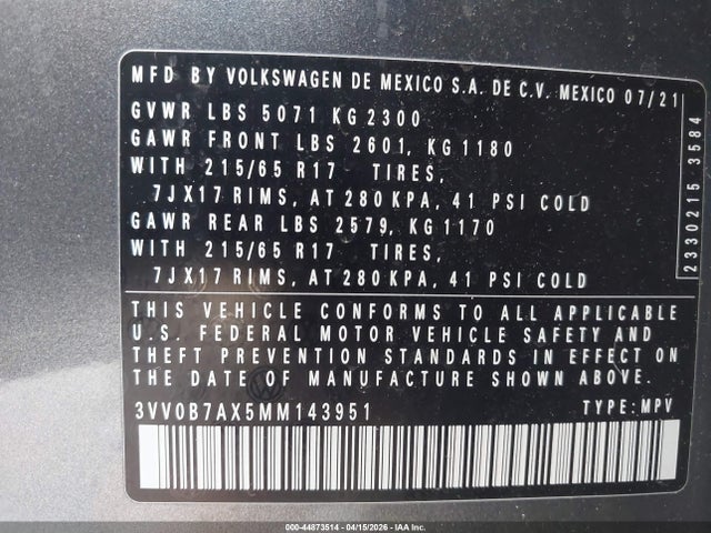 Aukcja sprzedaży 2021 Volkswagen Tiguan 2.0t S, vin: 3VV0B7AX5MM143951, numer aukcji: 44873514