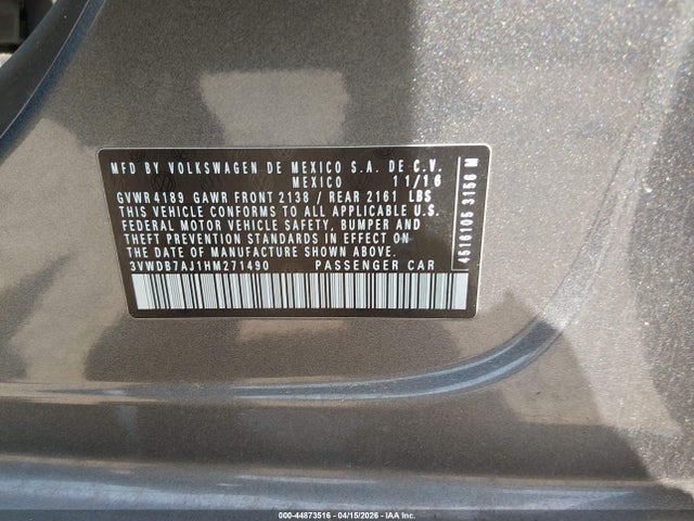 Aukcja sprzedaży 2017 Volkswagen Jetta 1.4t Se, vin: 3VWDB7AJ1HM271490, numer aukcji: 44873516