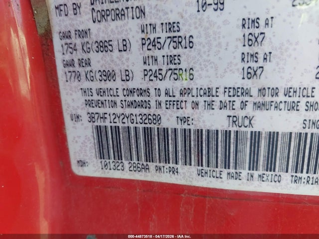 44873518 :رقم المزاد ، 3B7HF12Y2YG132680 vin ، 2000 Dodge Ram 1500 St مزاد بيع