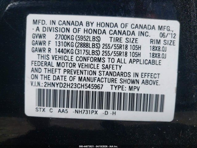 Продажа на аукционе авто 2012 Acura Mdx, vin: 2HNYD2H23CH545967, номер лота: 44873521