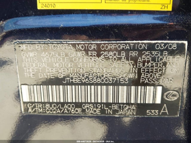 44873529 :رقم المزاد ، JTHBE96S880037153 vin ، 2008 Lexus Gs 350 مزاد بيع